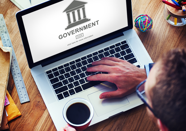 Mann sitzt vor einem Laptop, auf dem der Begriff "Government" angezeigt wird