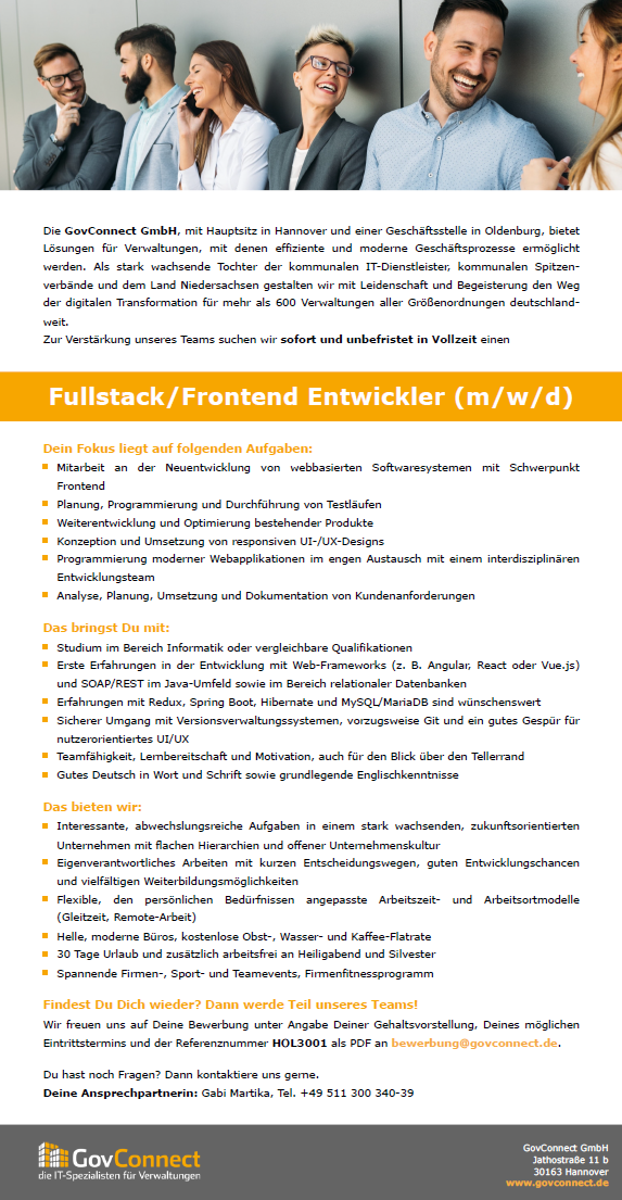 Stellenausschreibung HOL3001 Fullstack/Frontend Entwickler