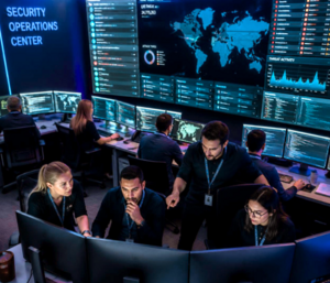 Ein Team sitzt vor ein paar Bildschirmen und pr&uuml;ft Sicherheitsvorf&auml;lle im Rahmen des Security Operations Center.