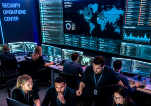 Ein Team sitzt vor ein paar Bildschirmen und pr&uuml;ft Sicherheitsvorf&auml;lle im Rahmen des Security Operations Center. &copy; Mit freundlicher Unterst&uuml;tzung von KI erstellt.